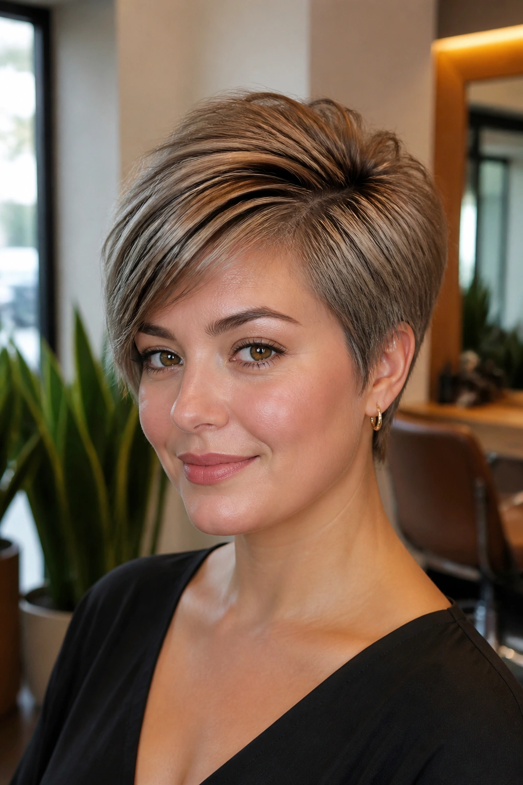 Close-up portrait of a real woman with Sleek Bixie With Extra Height at the Crown, crown height visible in diagonal fringe
