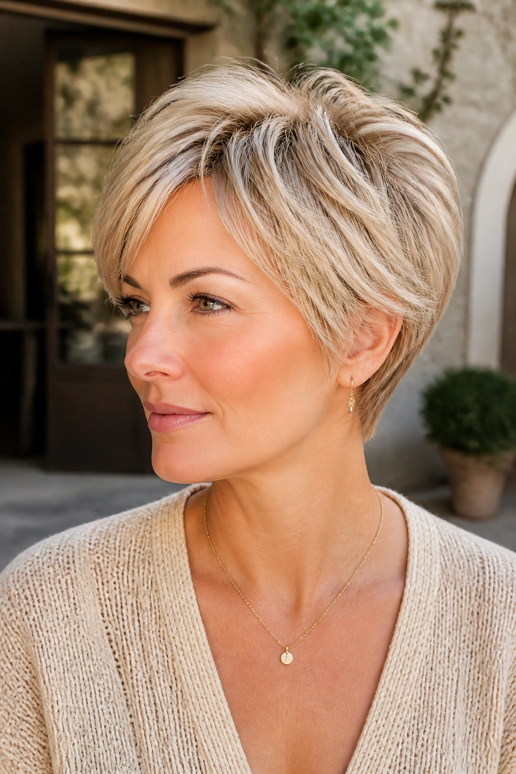 Real woman with bixie cut and piecey crown layers in frost blonde