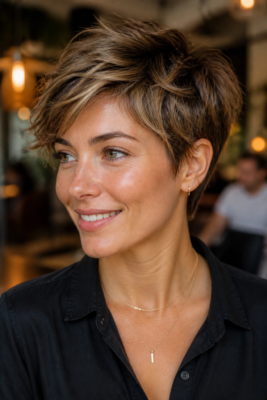 Close-up portrait of a real woman with a bixie cut and choppy crown layers.