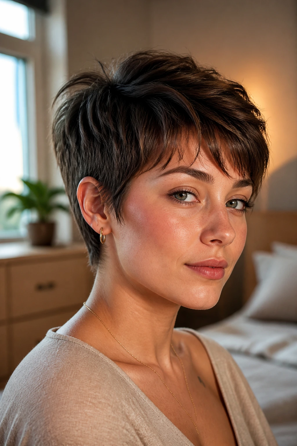 Close-up of a real woman with a bixie cut and crown lift