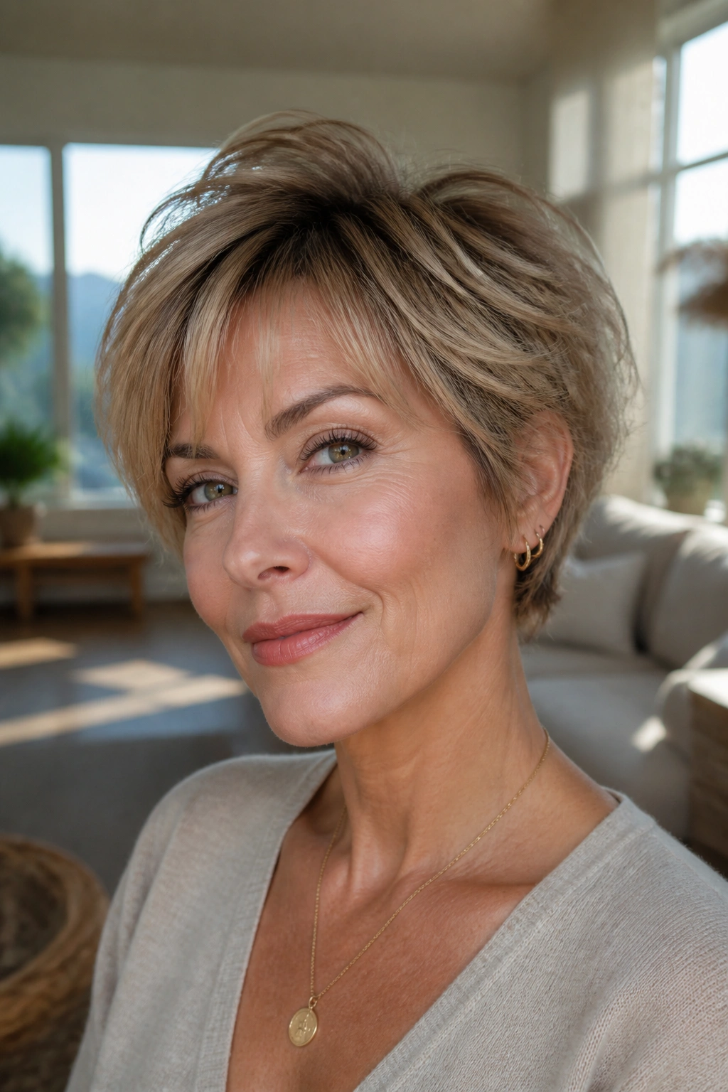 Close-up portrait of a woman with a bixie cut and crown lift in natural light