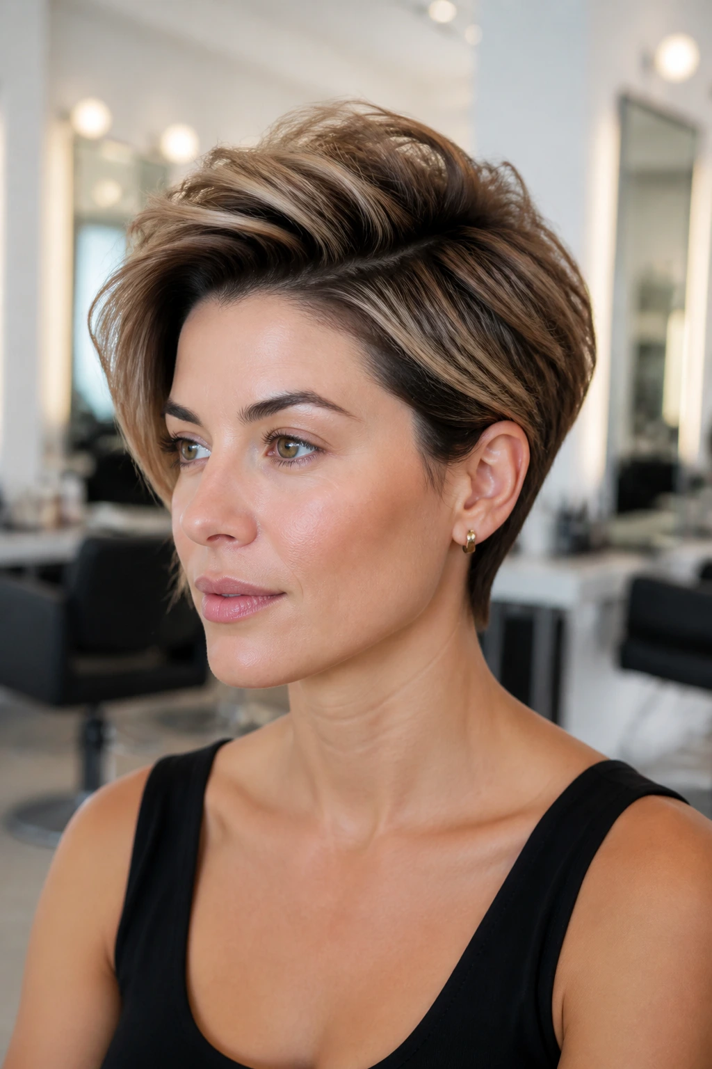 Medium close-up of bixie with crown lift and tucked sides on a real woman in a bright salon.
