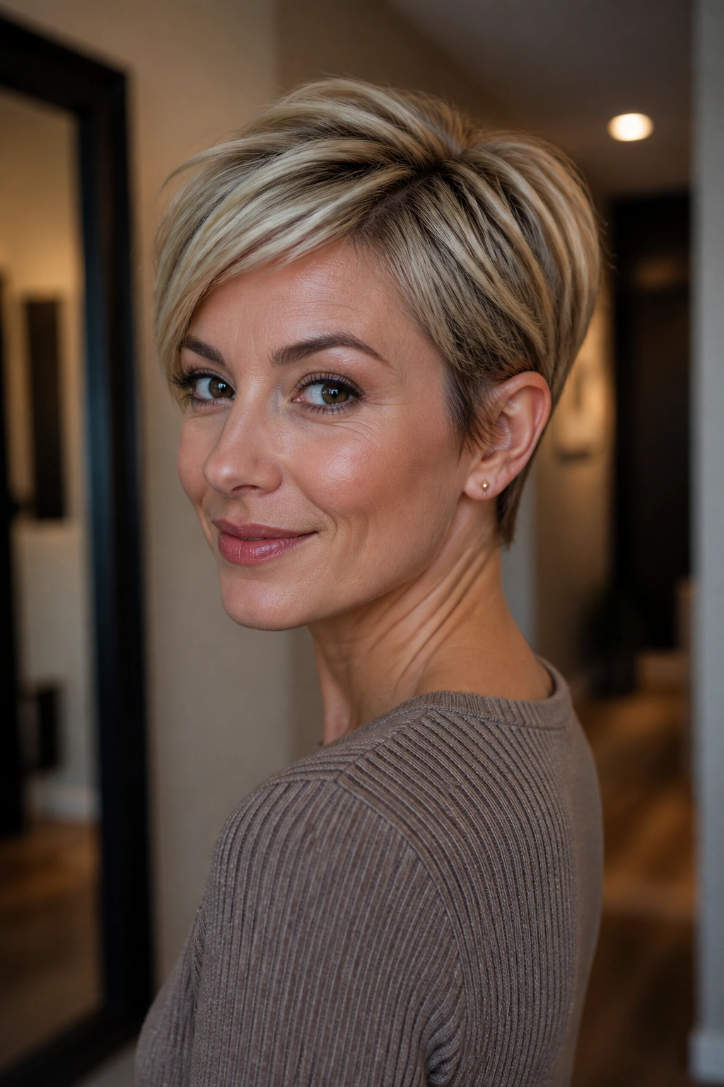 Three-quarter portrait of a real woman with bixie crown sweep
