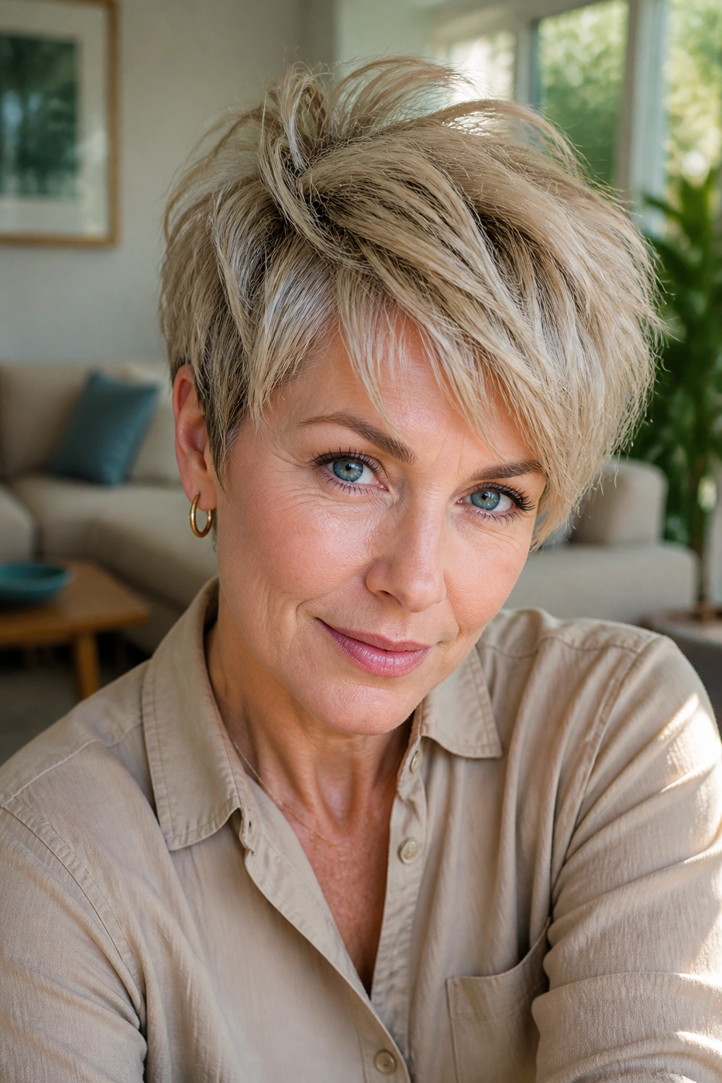 Close-up of a real woman with a bixie cut showing crown texture.