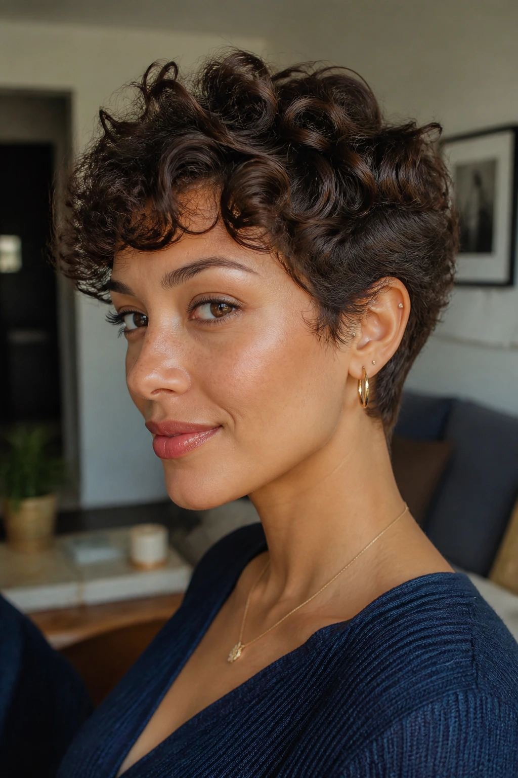 Close-up of a real person with a bixie cut in a bright home setting