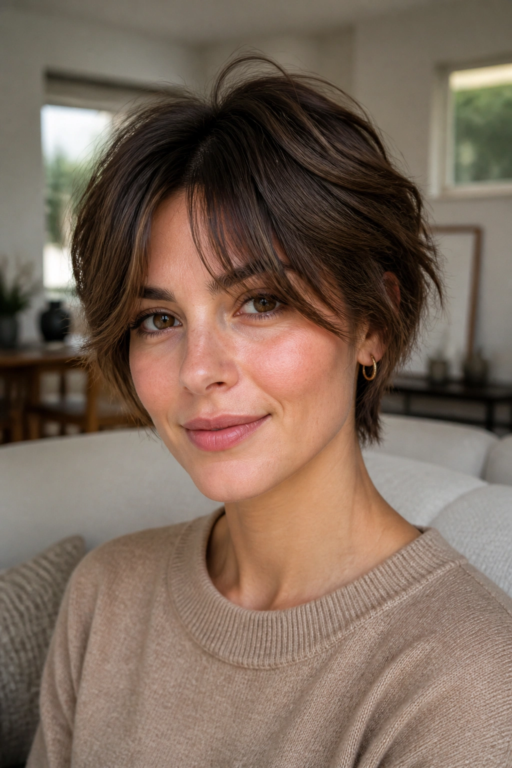 Close-up of a real woman with a layered bixie and curtain bangs
