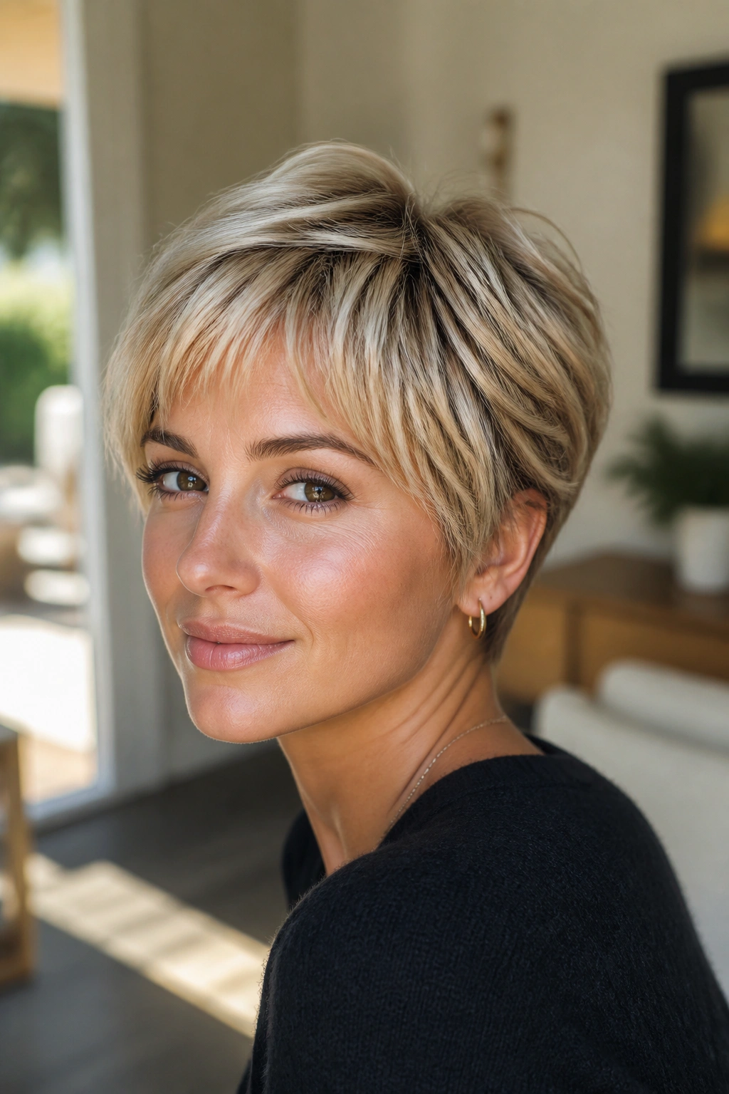 Close-up of bixie cut on a real person with warm blonde tones in natural light.
