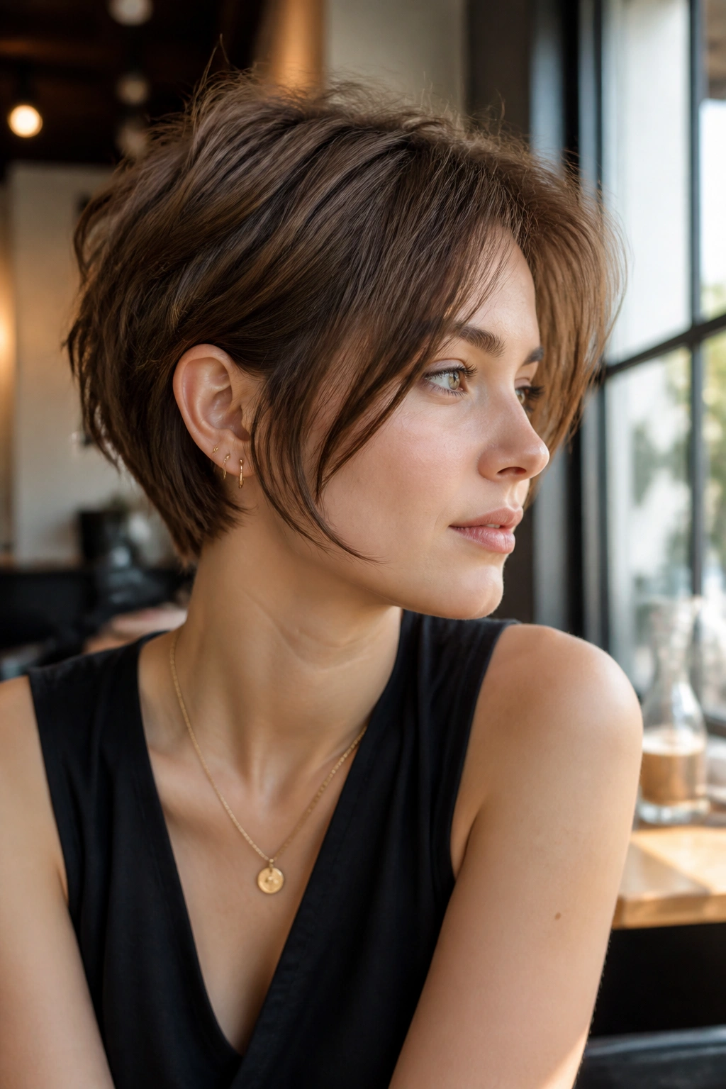 Close-up of a real person with a bixie cut and cheek-length pieces in warm cafe light