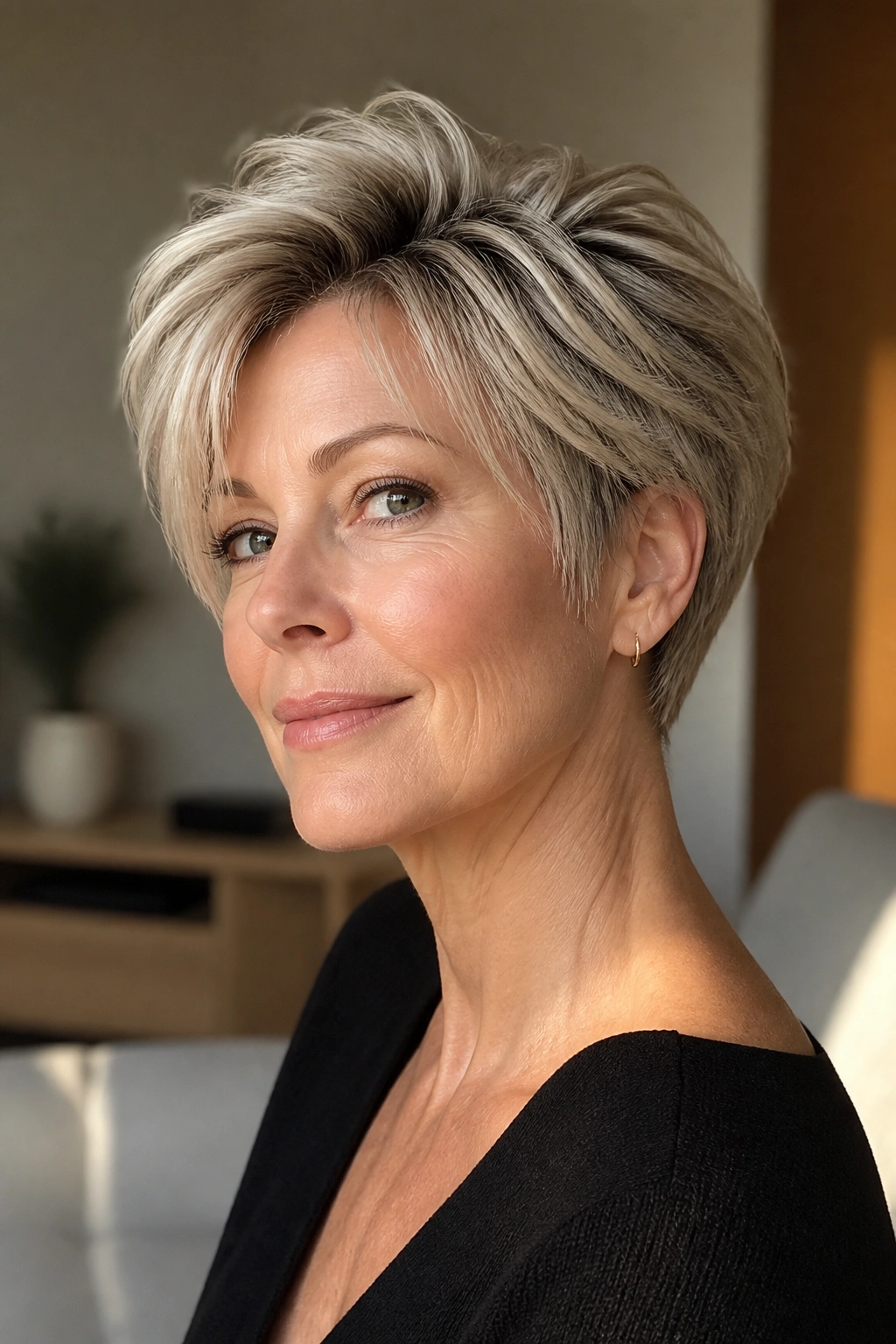 Real woman with bixie cut and crown lift in a minimalist setting.