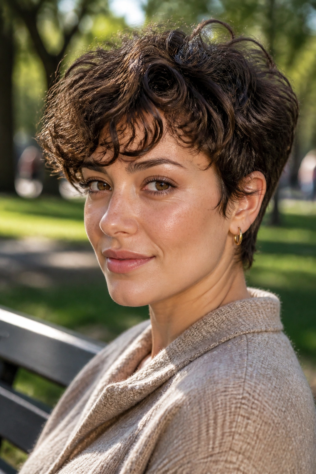 Close-up of real woman with a bixie haircut showing top longer and cropped sides.