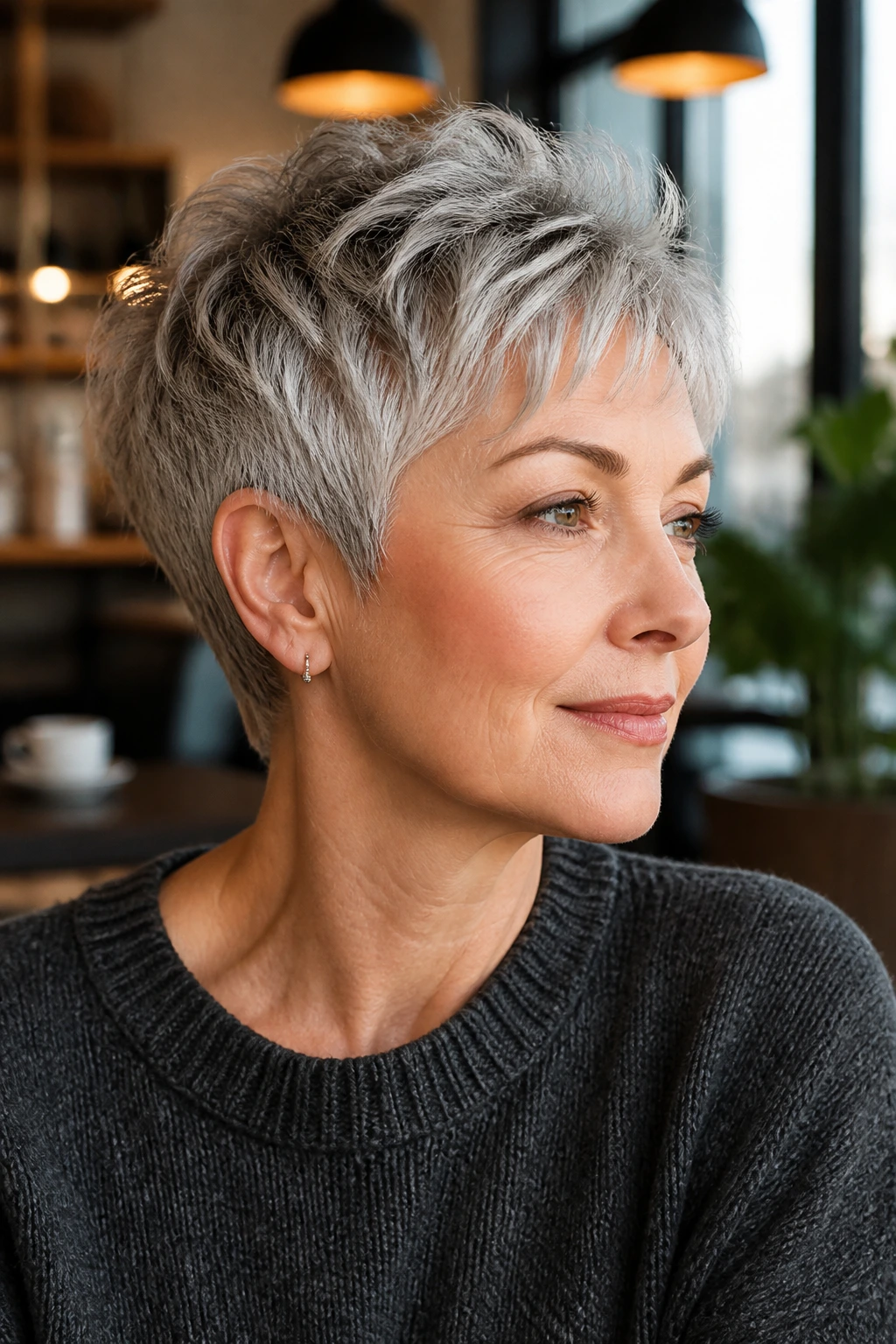 Close-up portrait of a real woman with a bixie cut in grey hair, in a modern cafe interior.