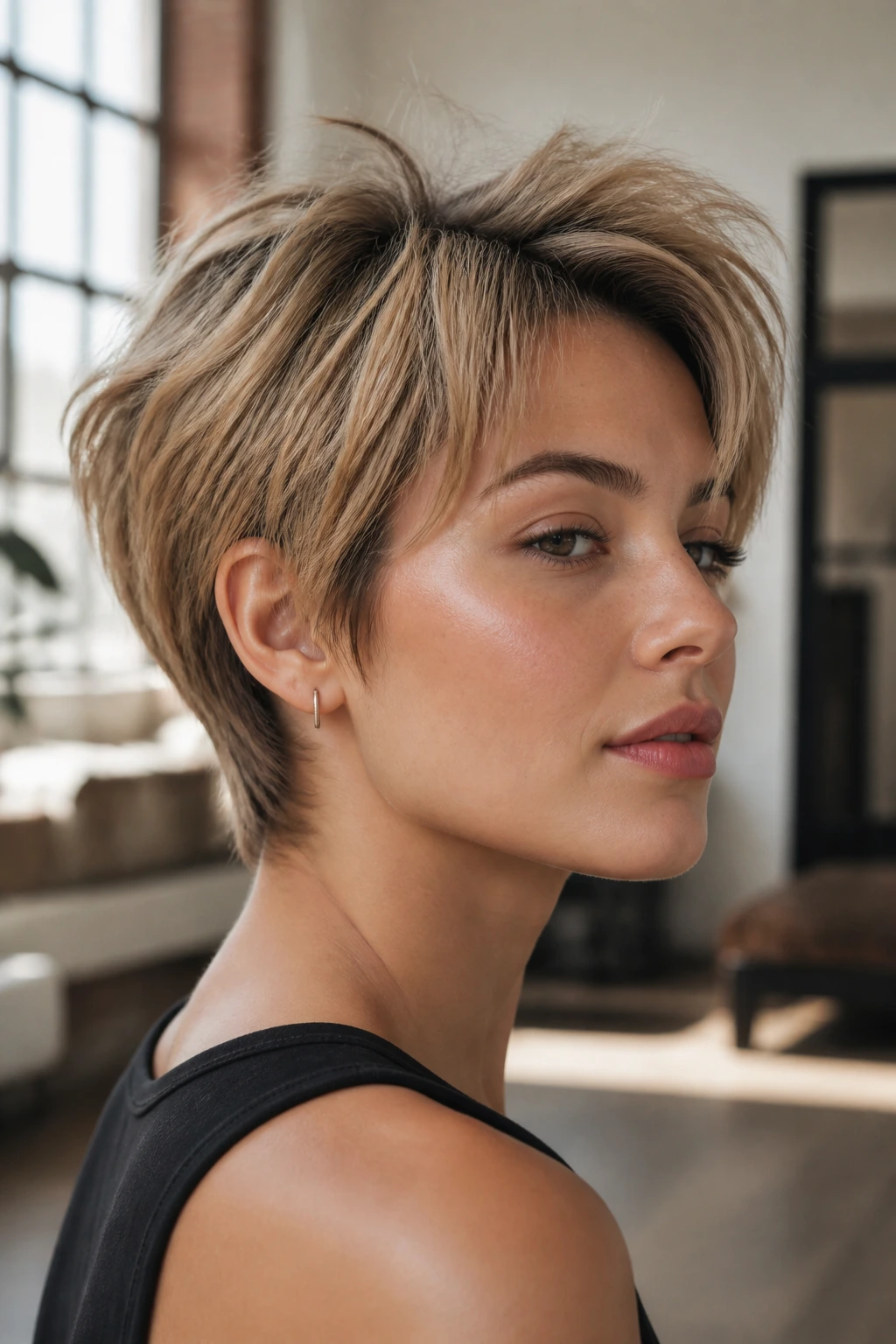 Real person with a bixie cut showing short layered top and tapered nape.