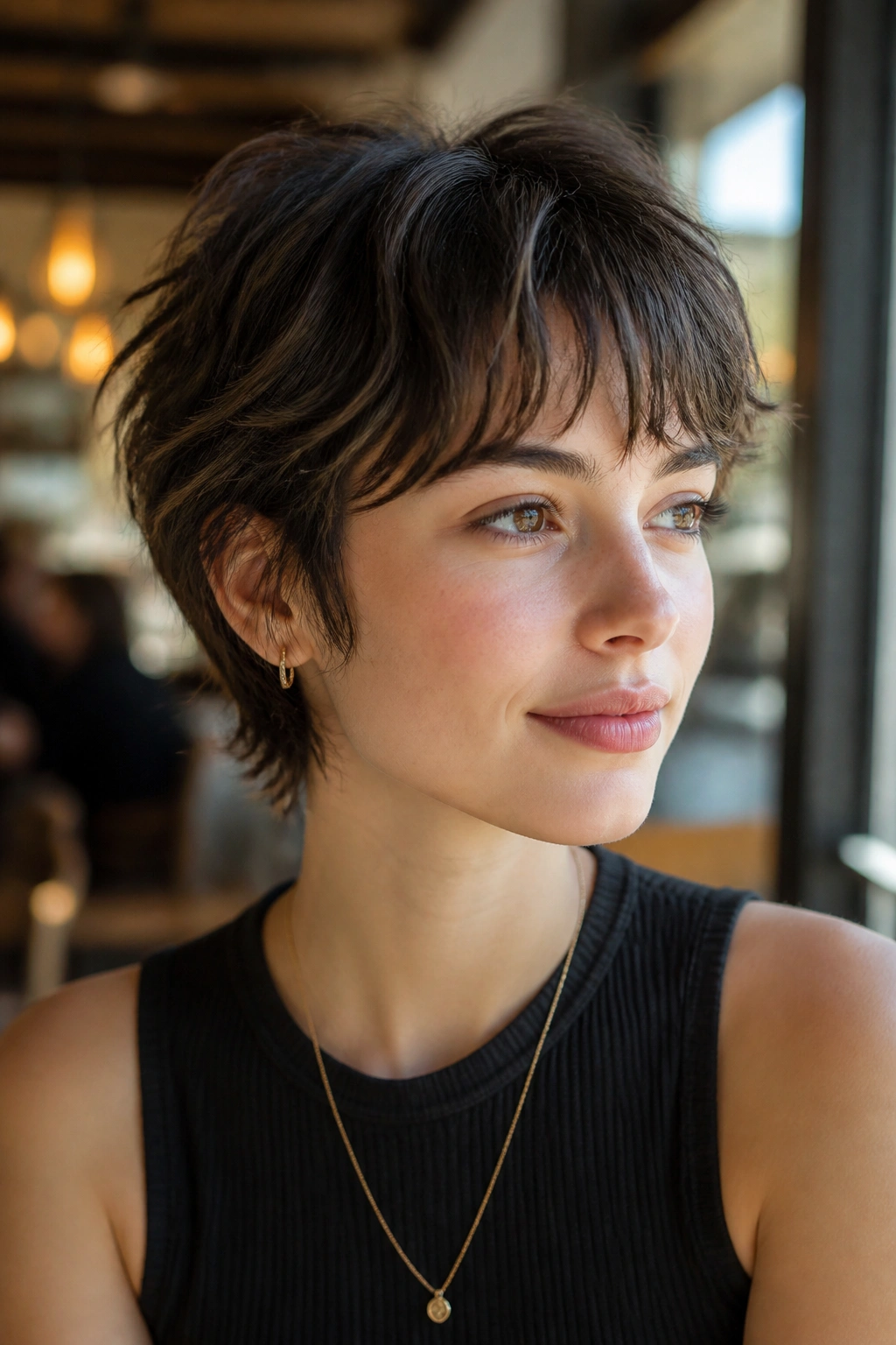 Close-up of a real girl with bixie haircut in a bright cafe
