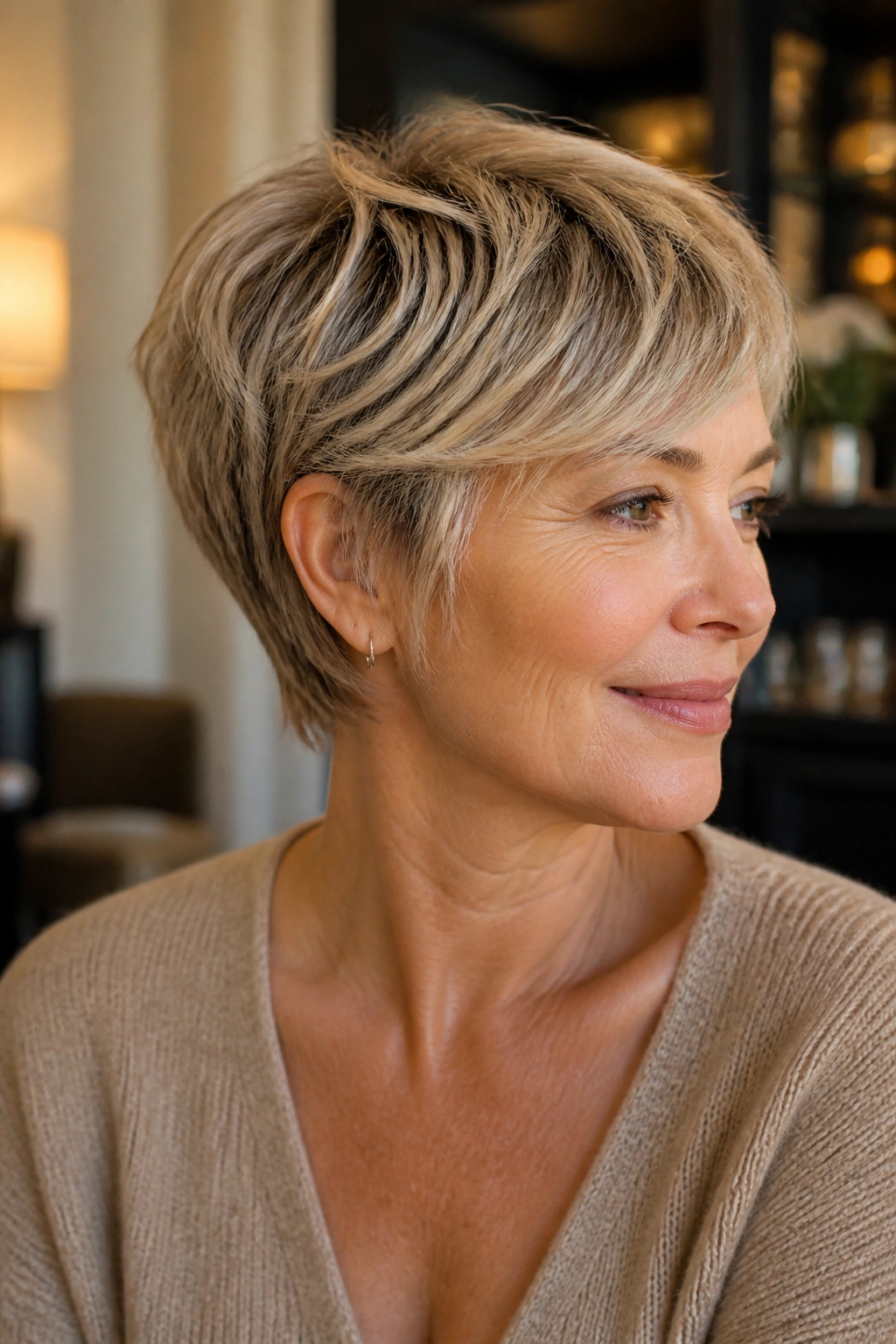 Real woman with bixie cut showing soft edges and layered movement.