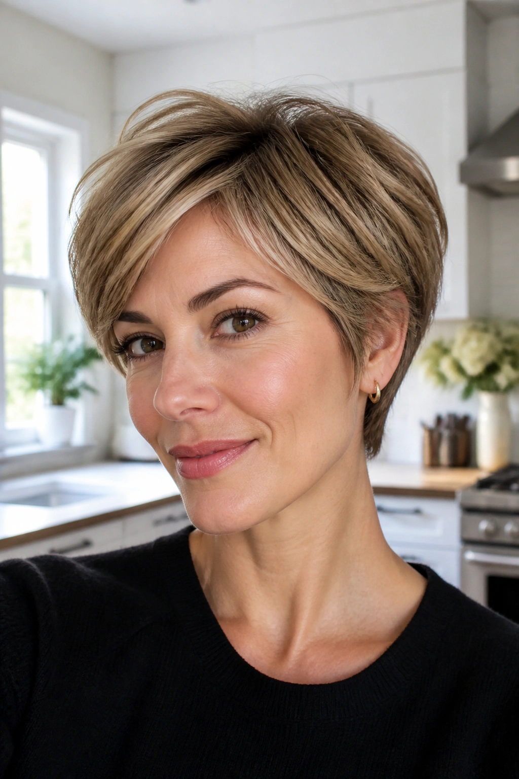 Real woman with bixie cut in bright kitchen daylight.