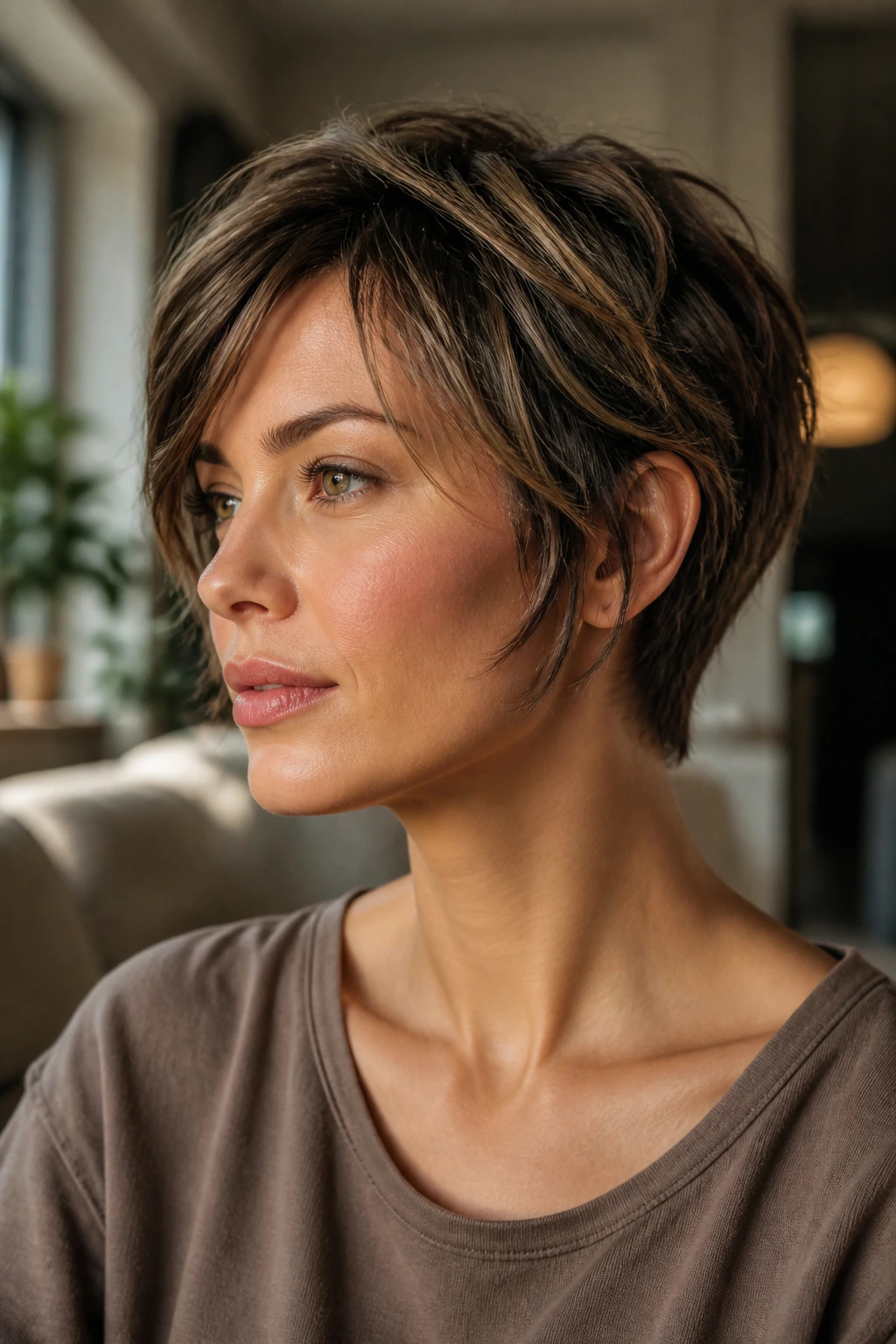 Close-up portrait of a real woman with a bixie cut showing cheekbone framing in a sunlit living room