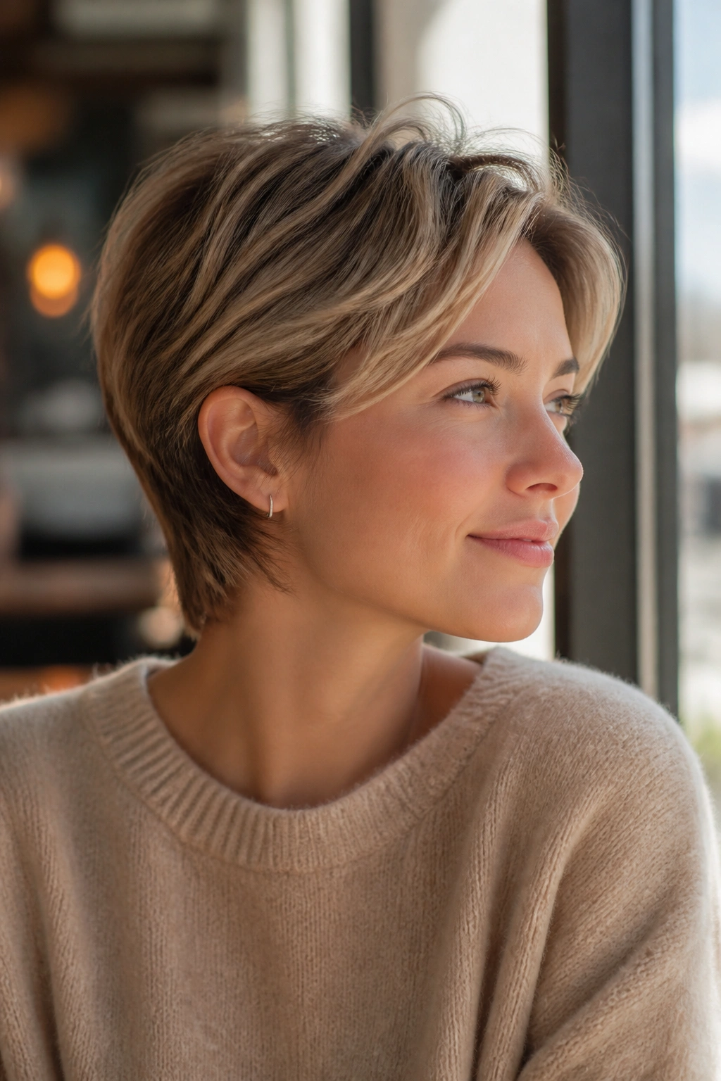 Close-up of a real person with a bixie haircut, softly lit in a cafe setting.