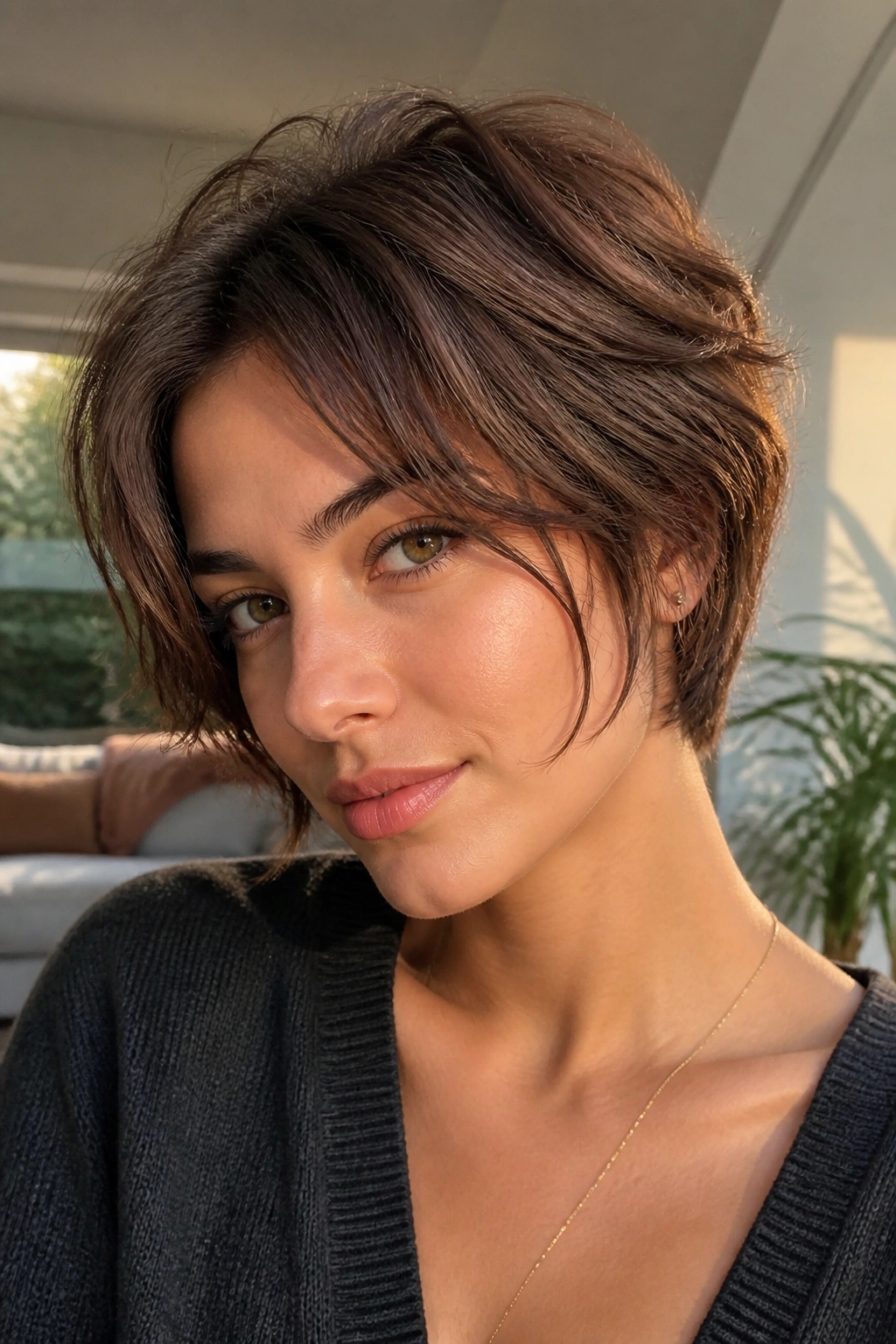 Back of head and face visible with bixie cut showing shorter back and longer front