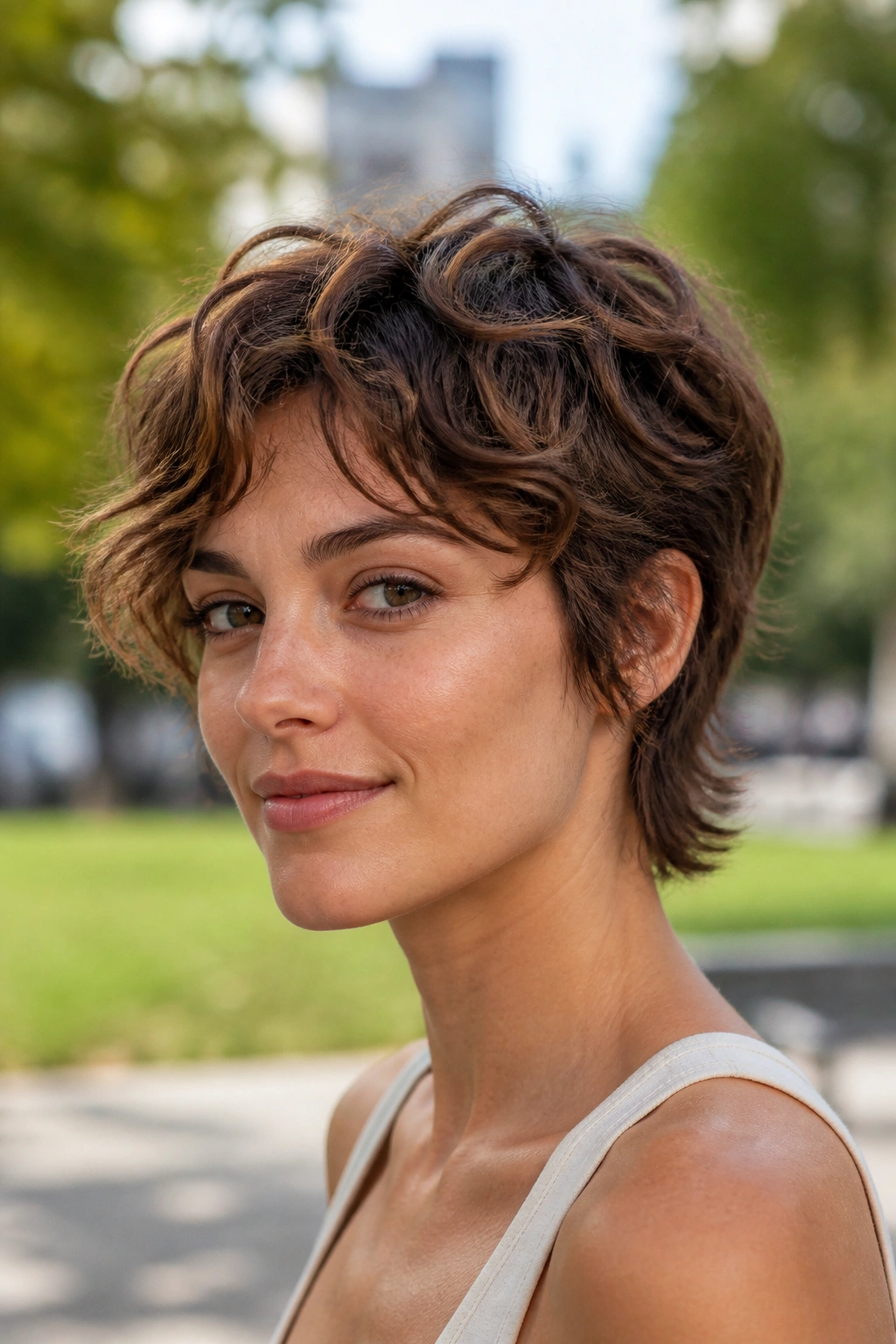 Close-up portrait of a real woman with a bixie cut featuring longer top layers in natural daylight