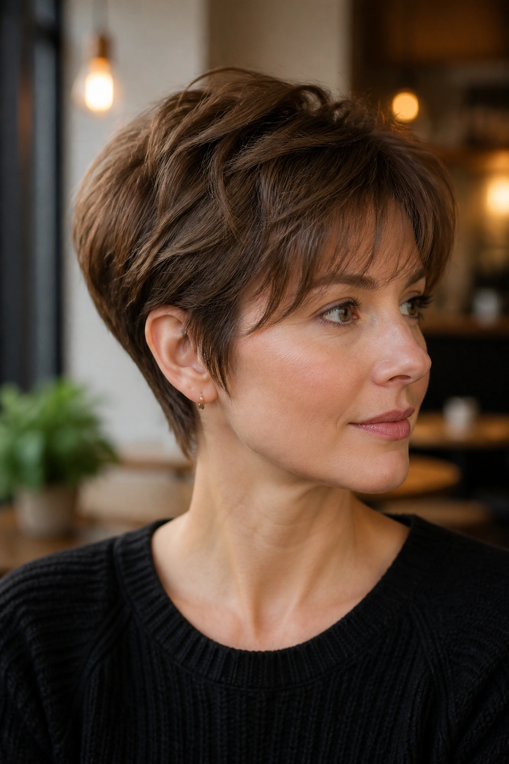 Close-up portrait of a real woman with a bixie cut and longer top