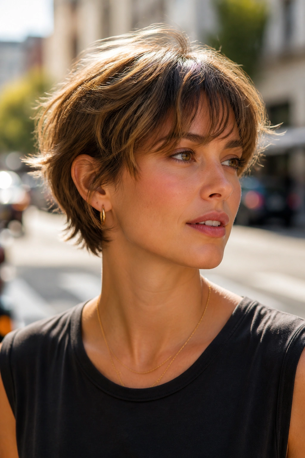 Close-up of real woman with bixie cut and soft movement
