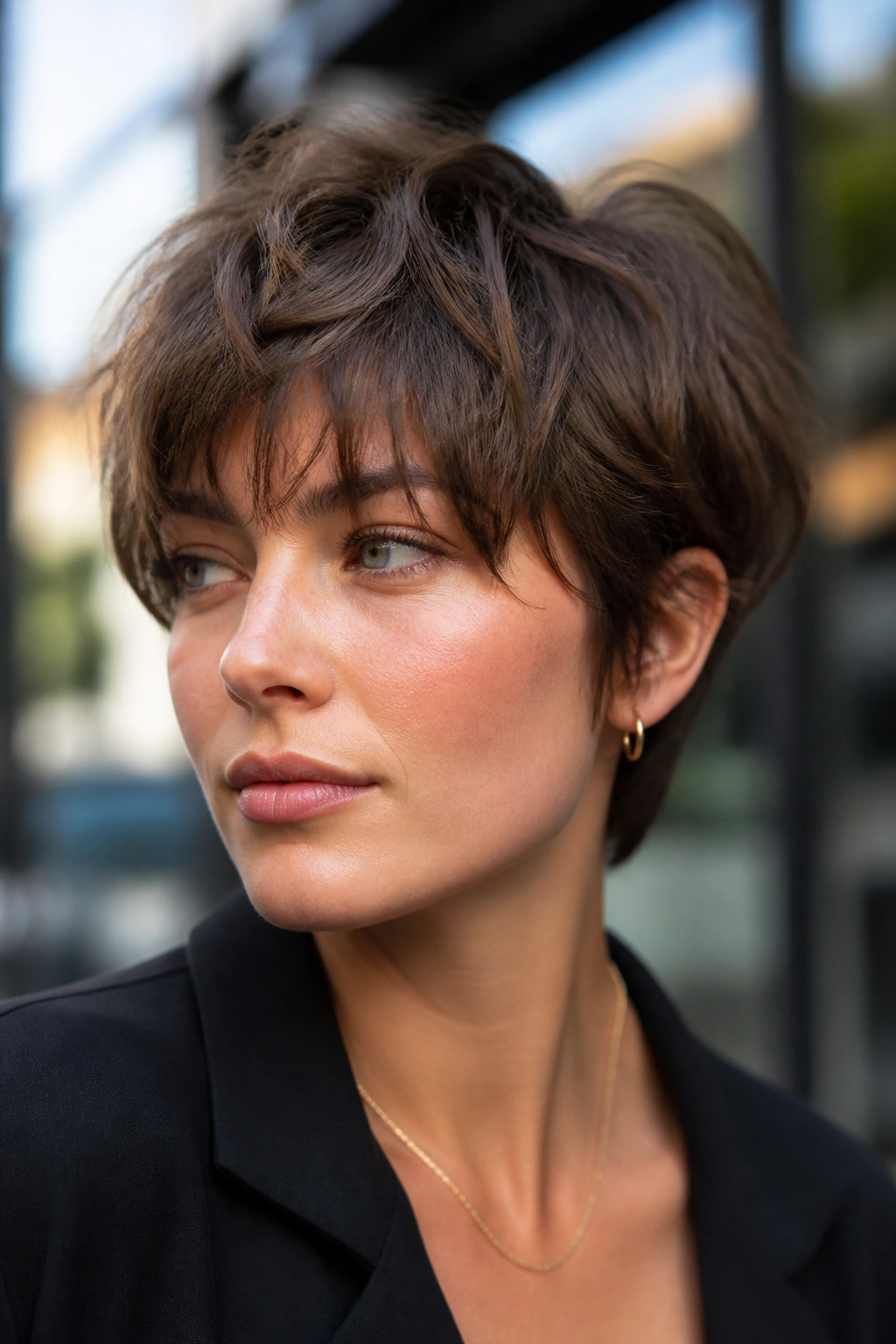 Close-up of real person with bixie cut and piecey texture