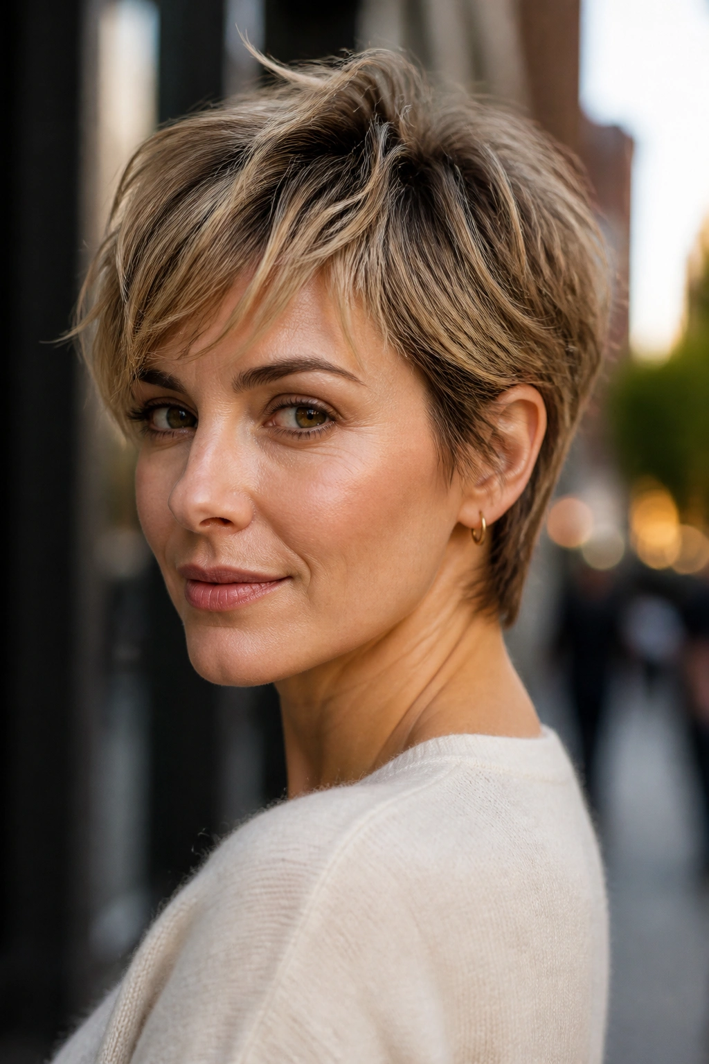 Portrait of a real woman with a bixie cut and piecey top.