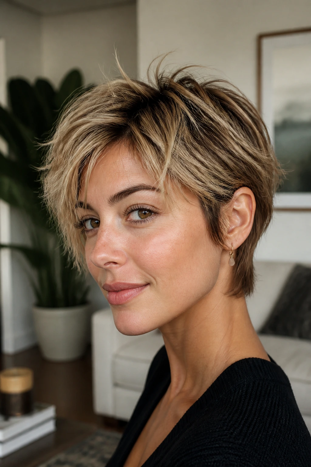 Close-up of a real woman with a bixie cut and piecey top