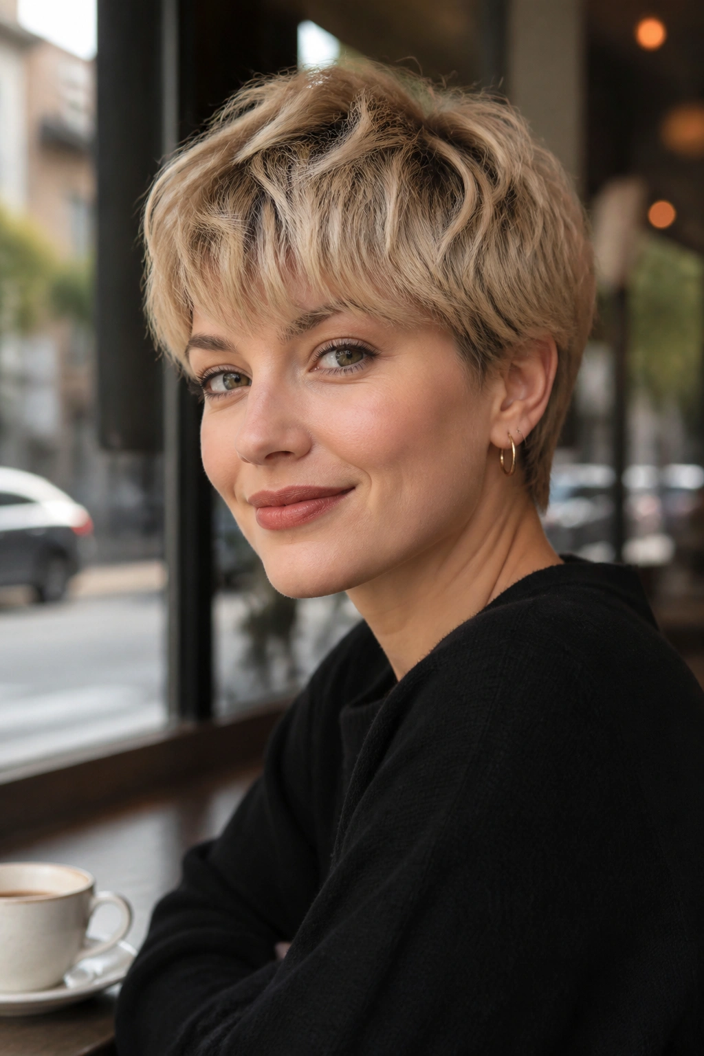 Close-up of a real woman with bixie haircut, short back and longer top