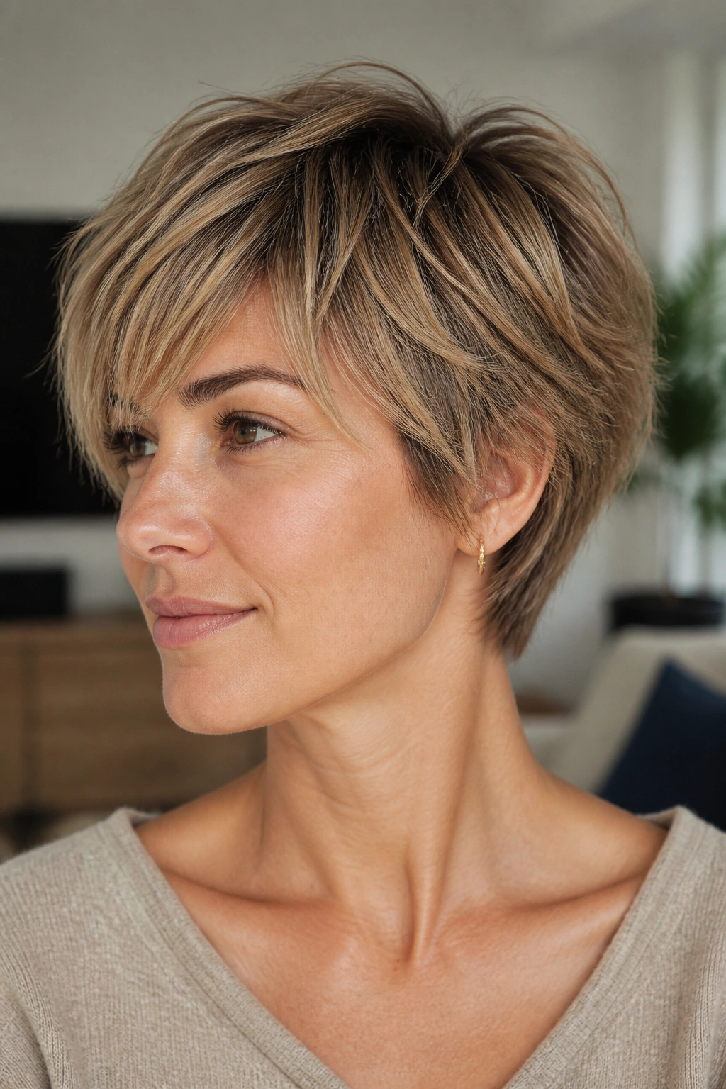 Close-up portrait of a real woman with a bixie haircut showing crown layers in soft light