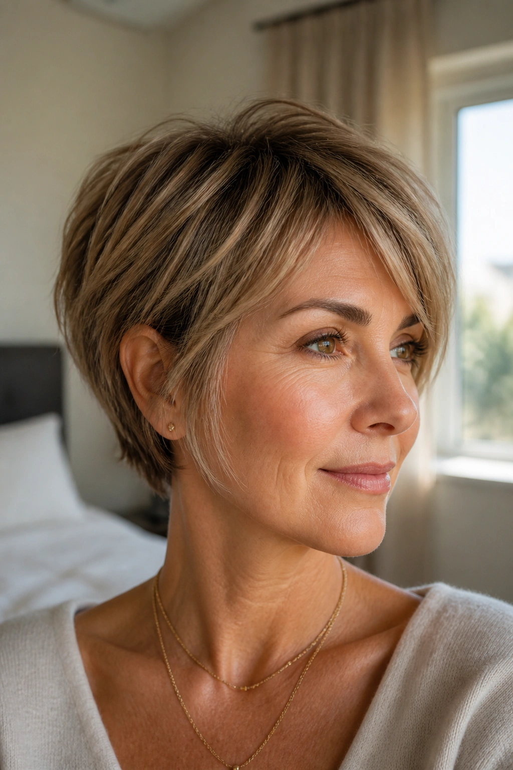 Close-up of a real woman with a bixie cut, bob-like outline and pixie texture.