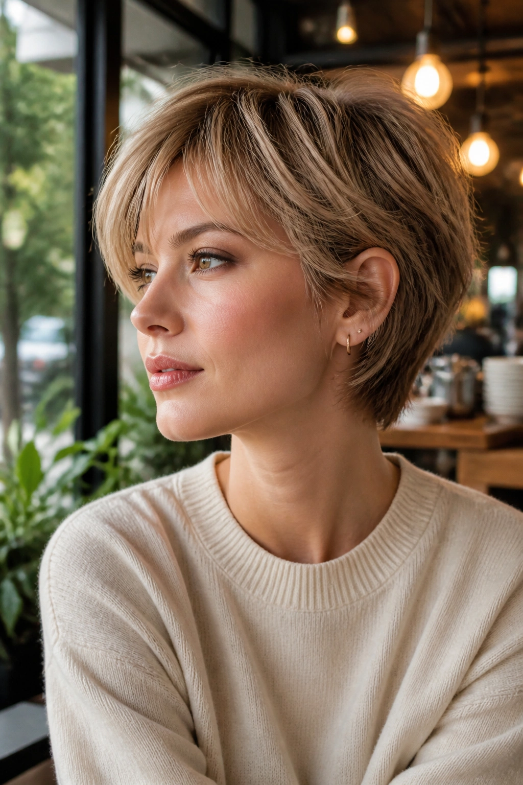 Close-up of a real woman with a bixie cut in a cafe setting.