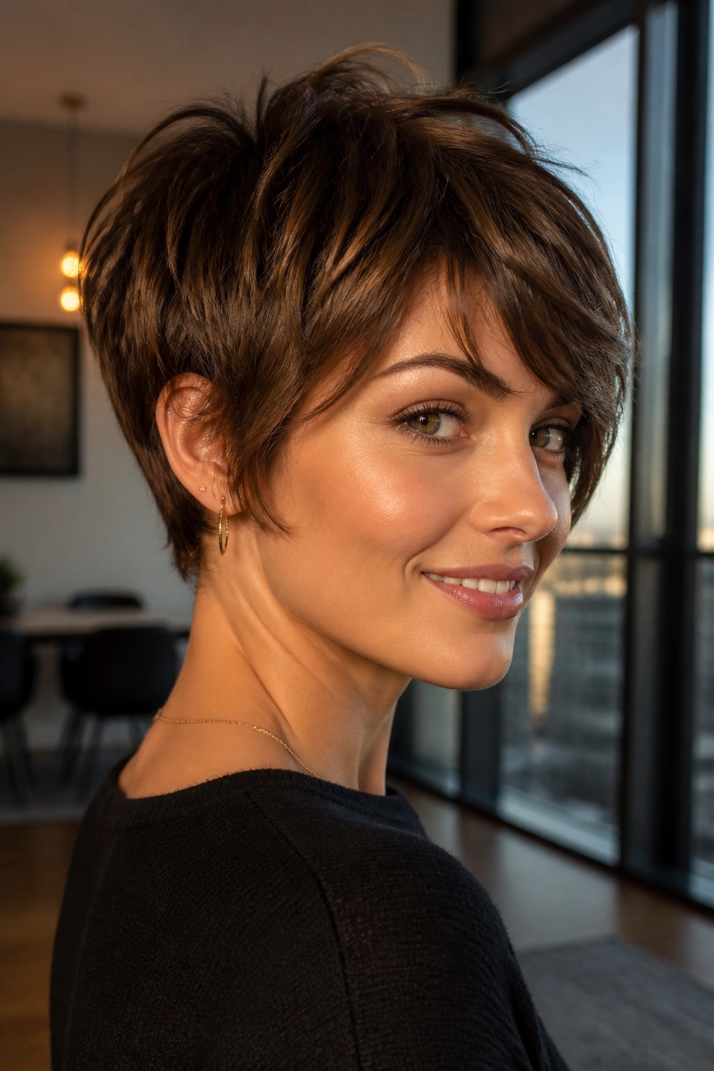 Close-up of a real woman with a bixie cut showing crown lift and ear-length layers