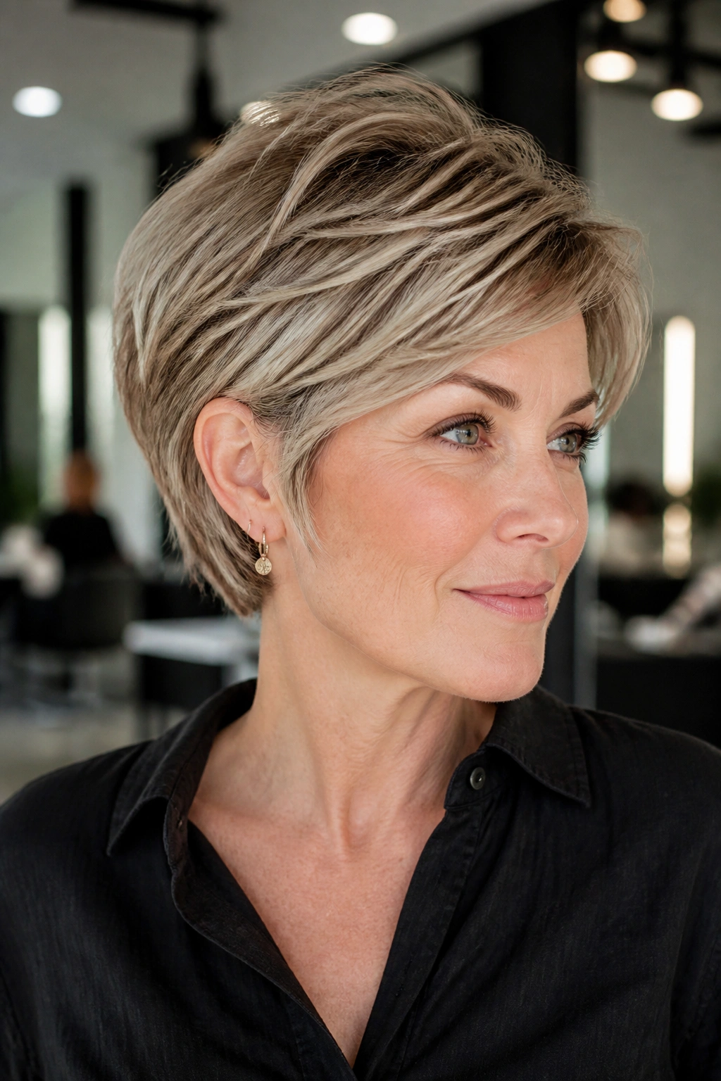 Close-up portrait of a woman with a bixie cut showing lifted crown
