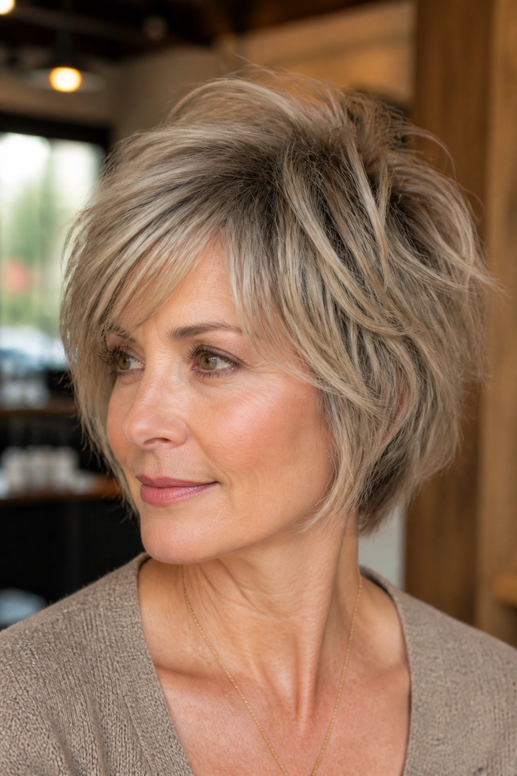 Close-up portrait of a real woman with a bixie cut showing soft perimeter and crown lift