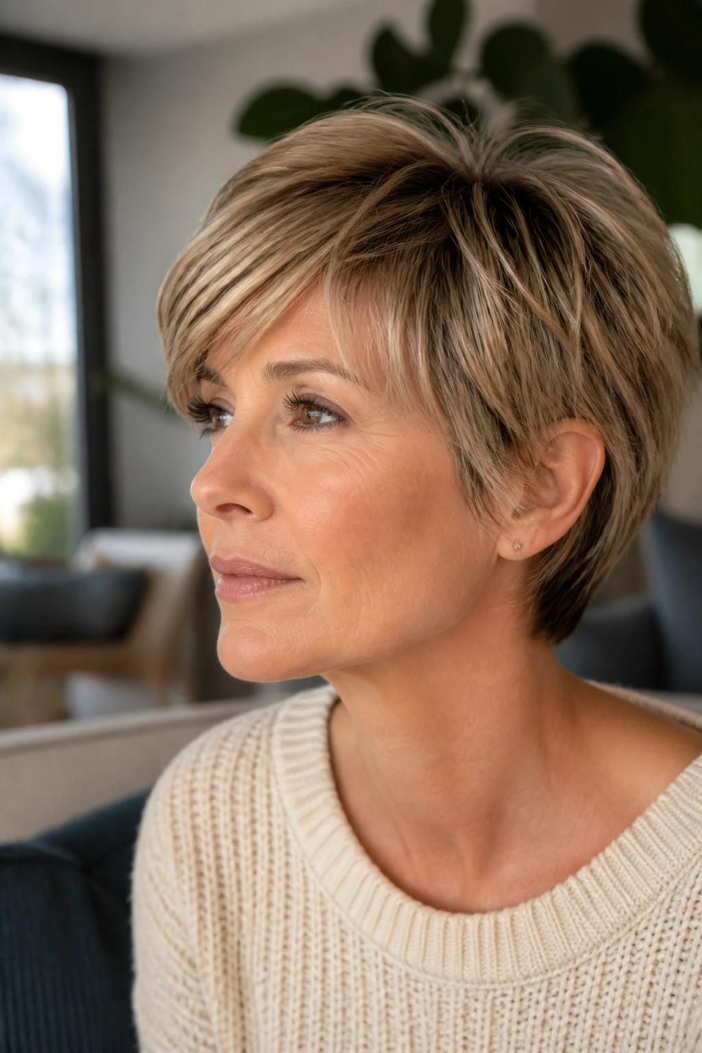 Real person with bixie hairstyle in natural daylight at home