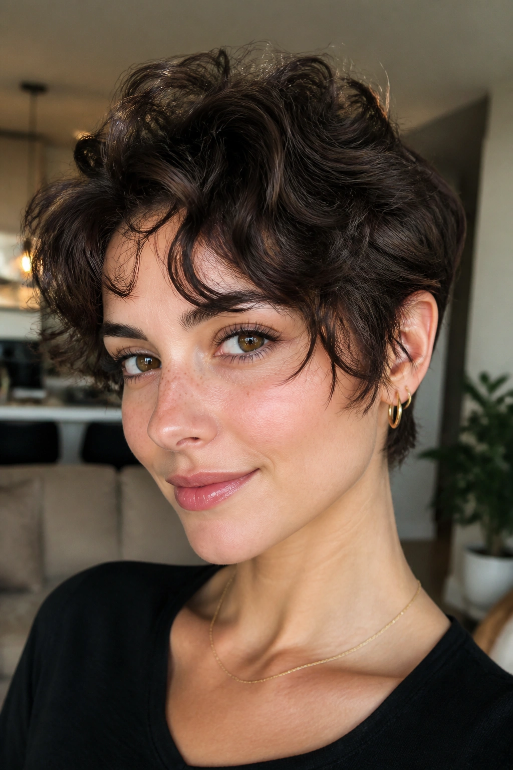 Close-up of a real person with bixie cut hairstyle in bright interior light