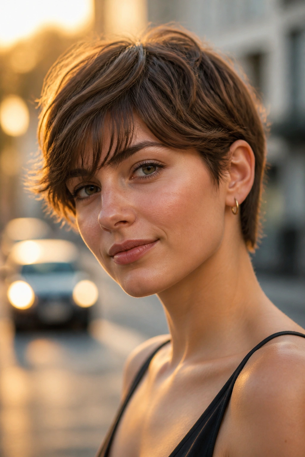 Close-up of a real person with a bixie cut during golden hour on a city street