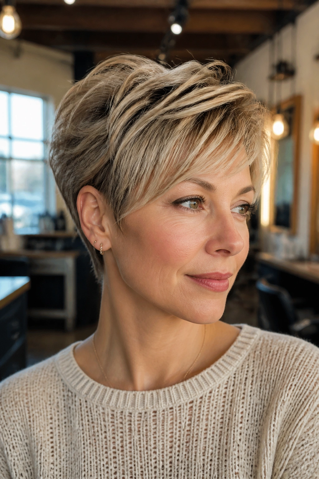 Close-up of a real woman showing a bixie cut with short sides and longer textured top.