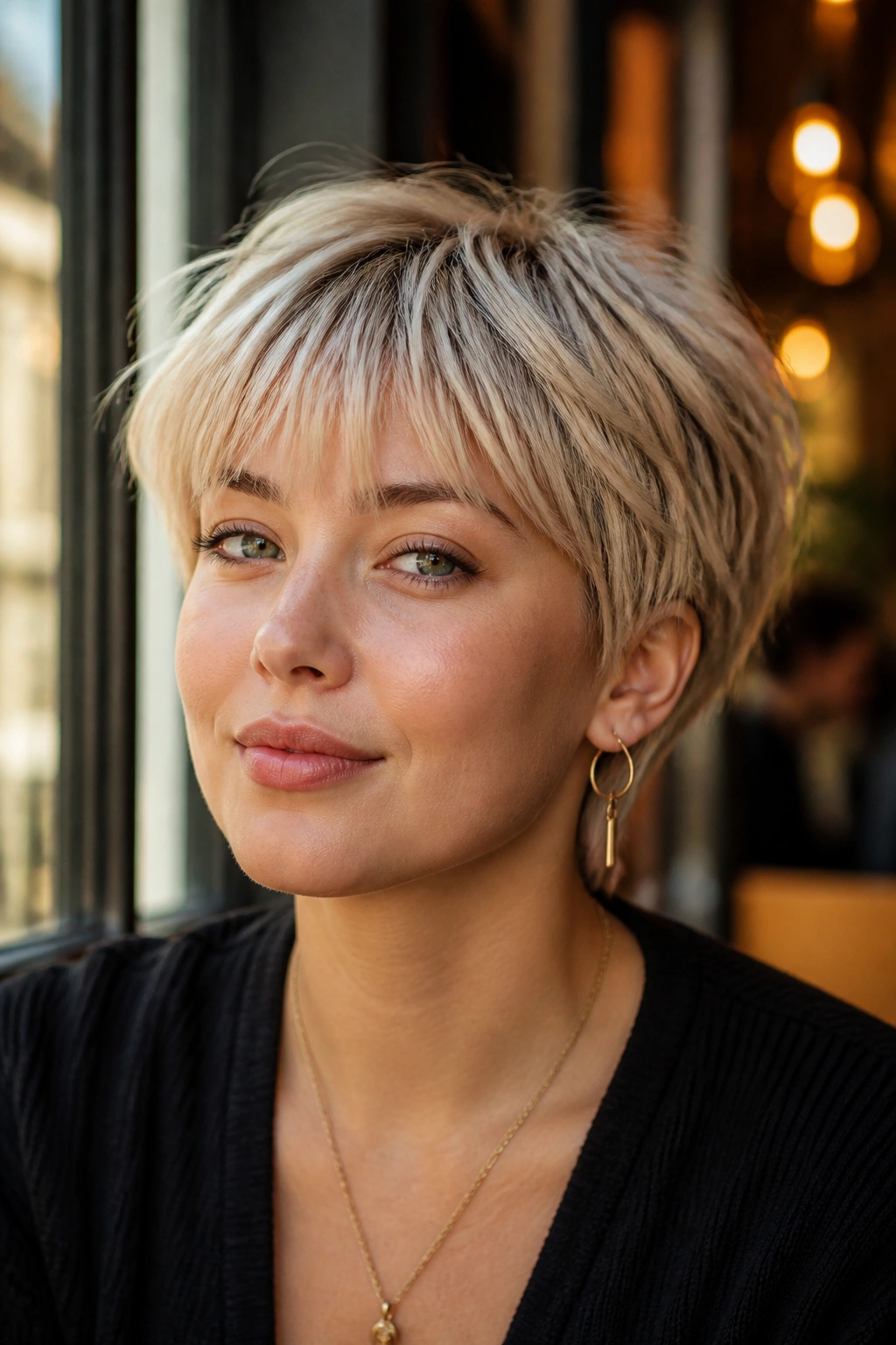 Real person with bixie cut and tapered fringe portrait