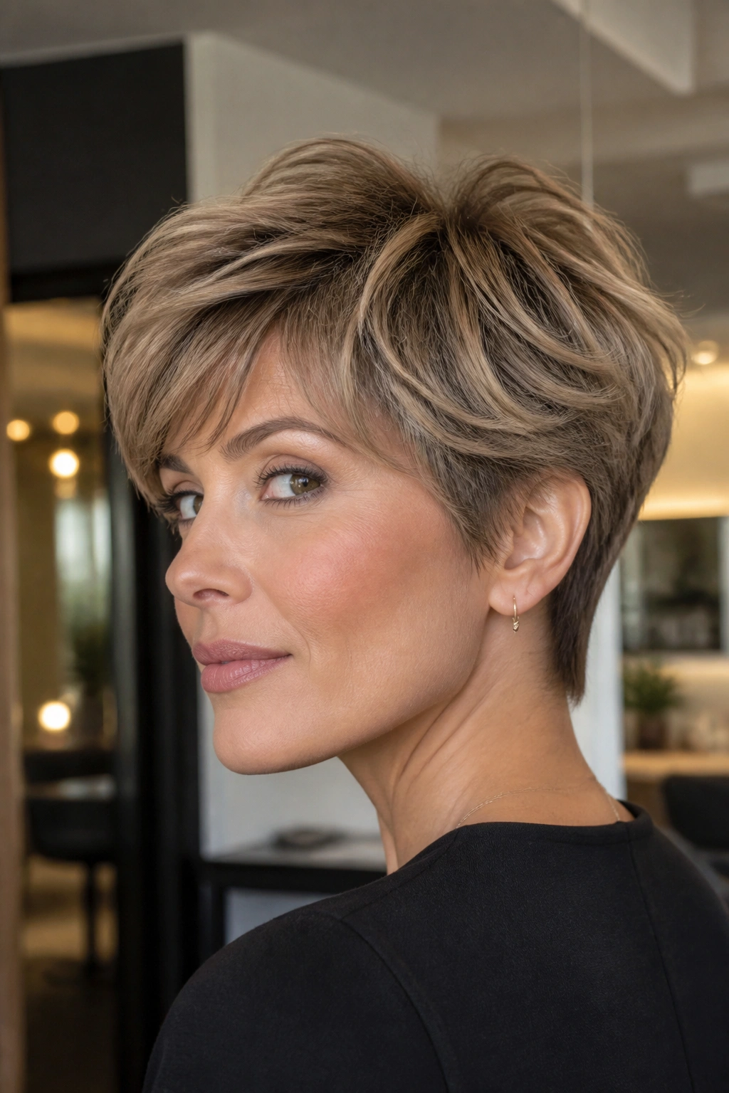 Real woman with bixie cut and tapered nape in a modern warm-lit setting
