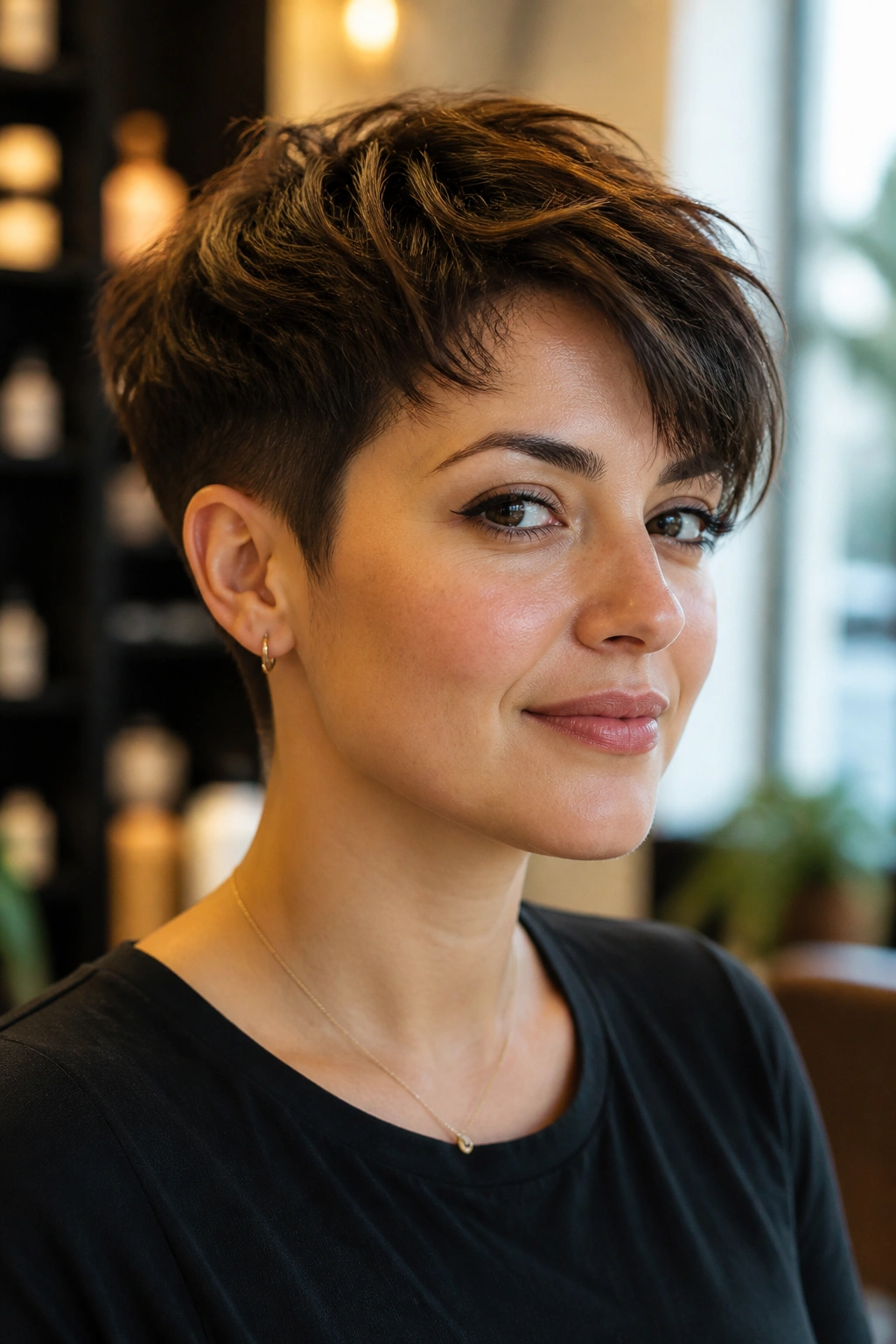 Close-up portrait of a real woman with a bixie cut featuring tapered sides and textured top