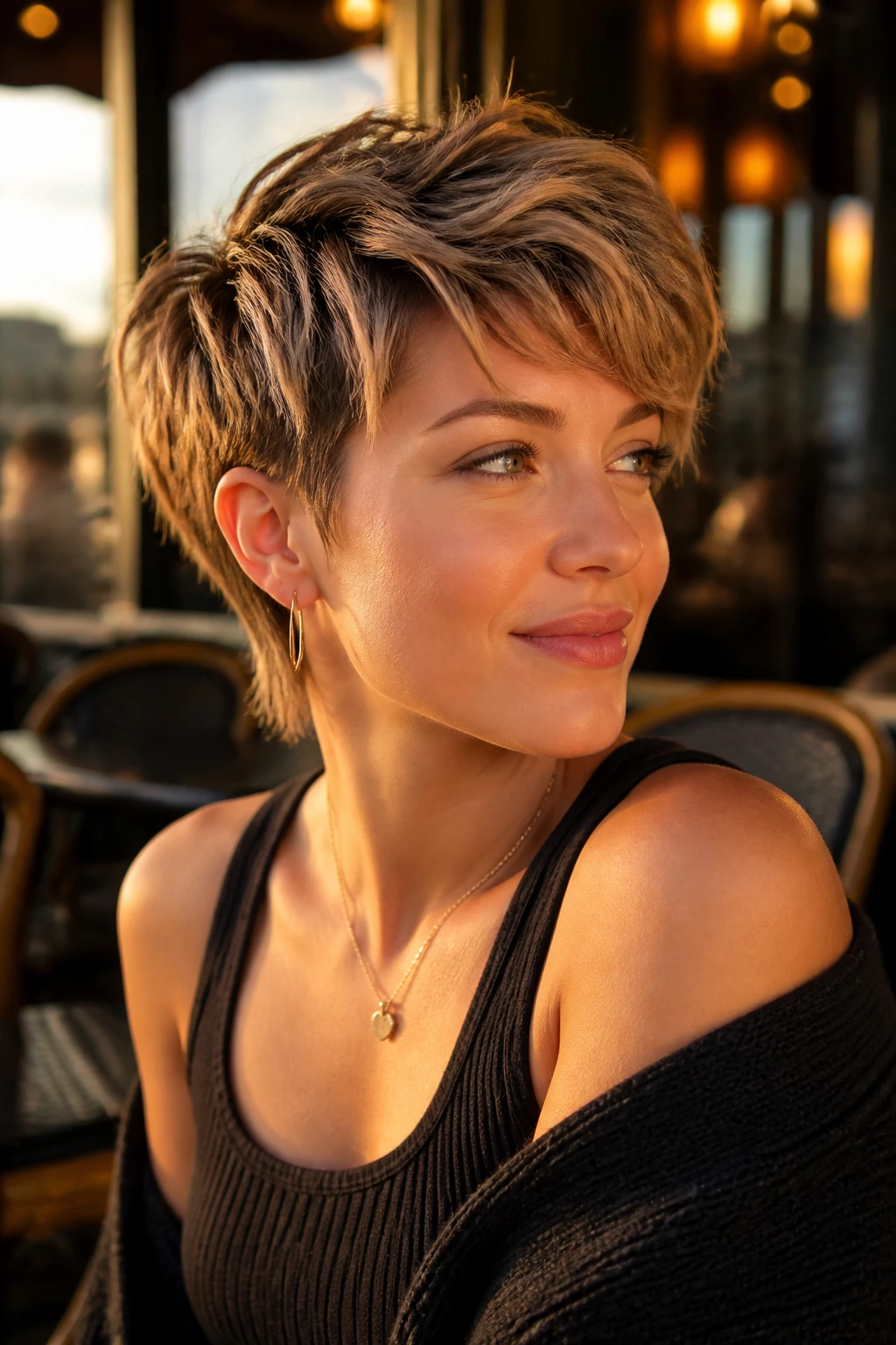 Close-up portrait of a woman with a bixie cut and tapered sides in outdoor cafe light.