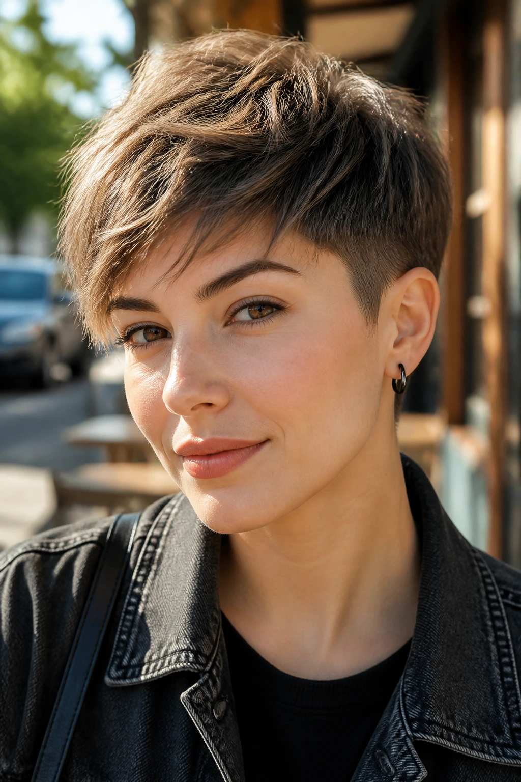 Real person with a bixie cut showing tapered sides and a longer top in bright light