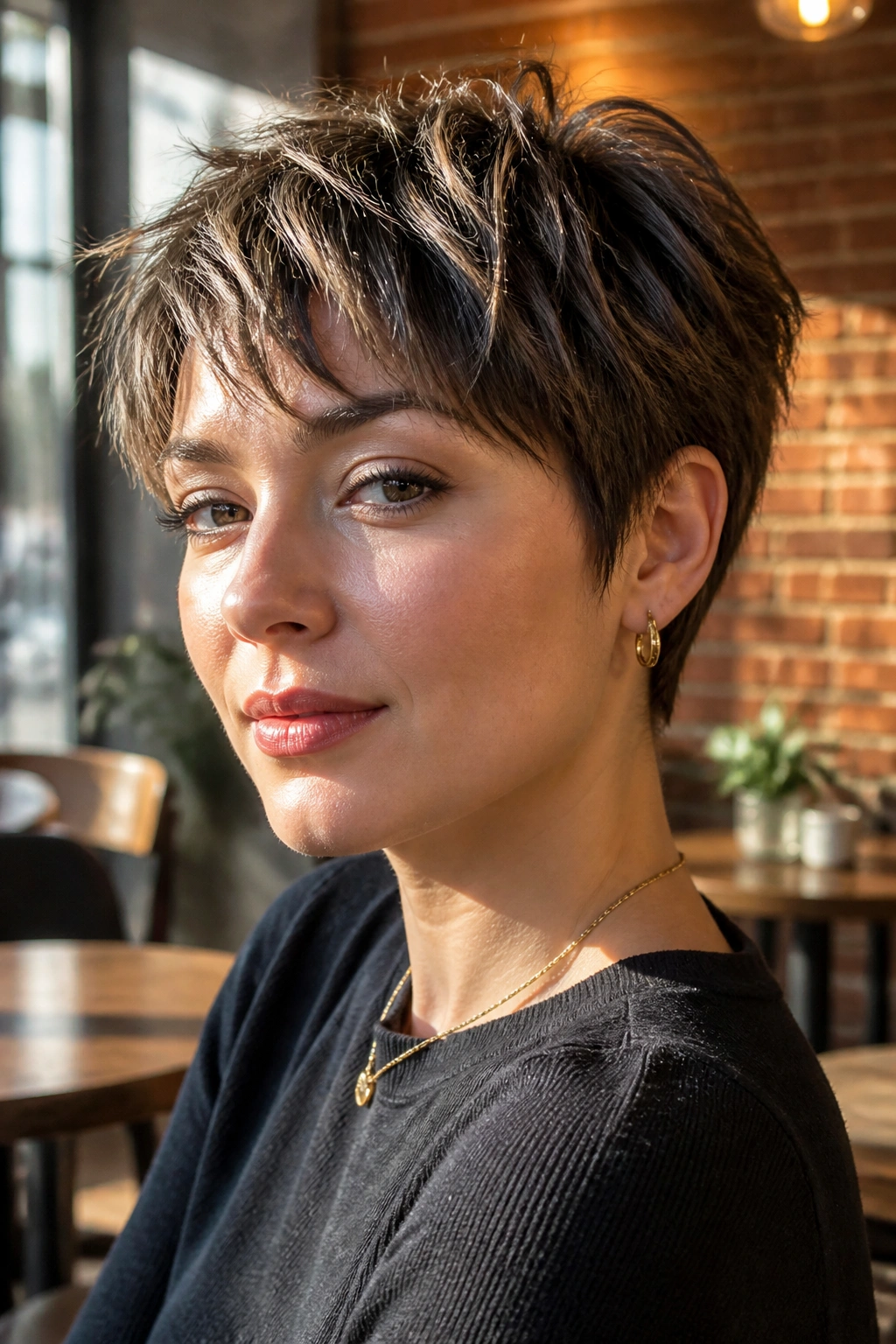 Close-up of a real woman with a bixie cut and choppy fringe in a sunlit cafe.