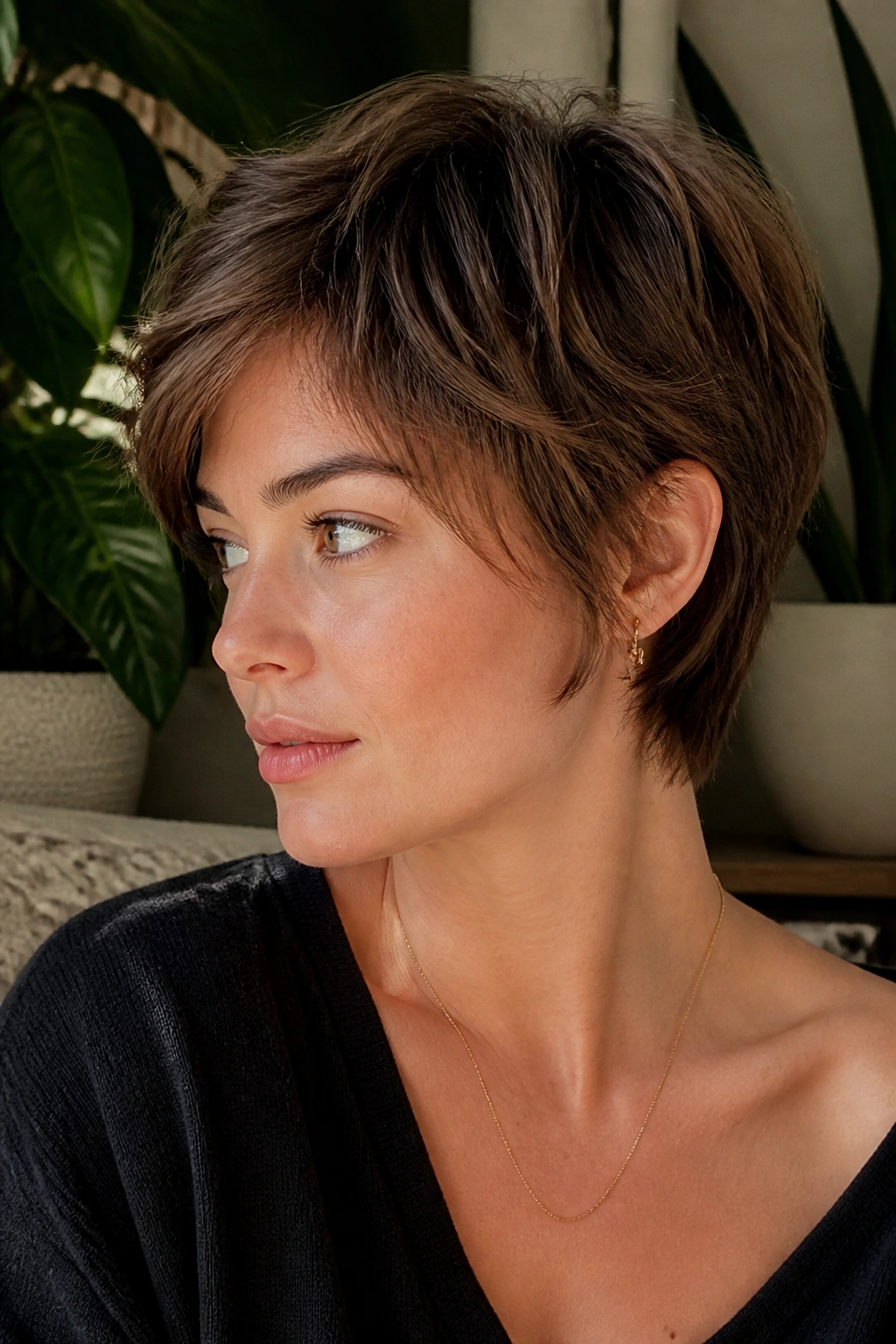 Real woman with textured bixie and soft nape length in natural daylight