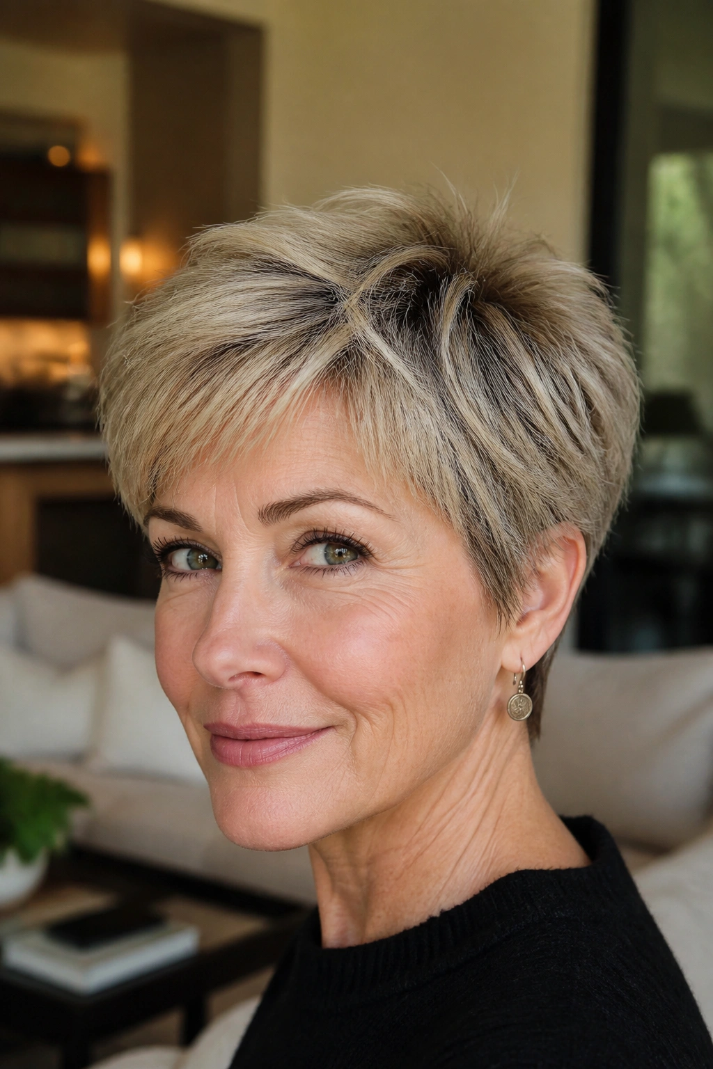 Close-up of a real woman with a bixie cut in a warm living room