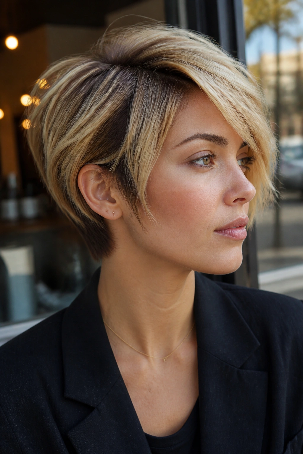 Close-up of a real woman with a bixie haircut in natural urban light.