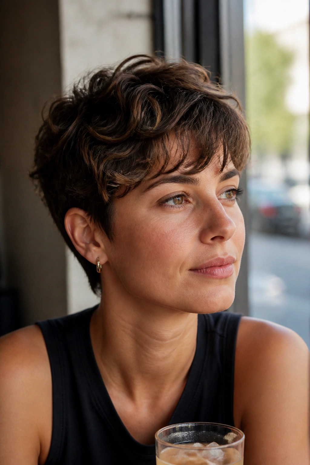 Close-up of a real person with bixie cut showing short sides and longer top for visible wave pattern.