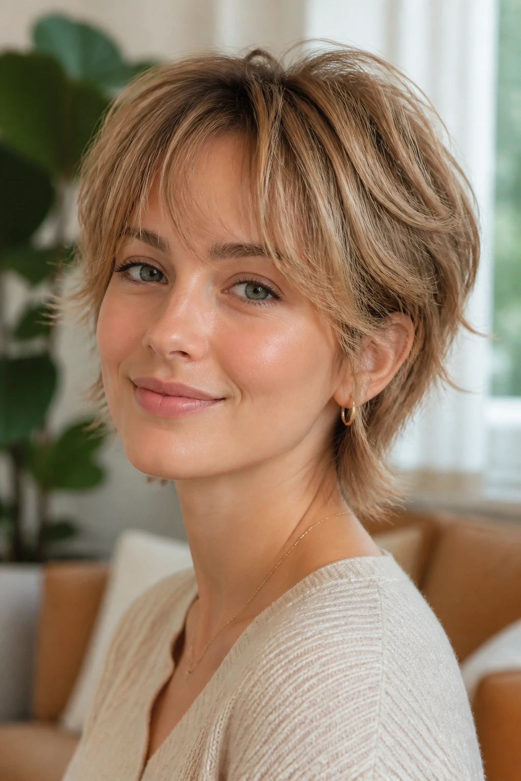 Real person with bixie cut and feathered bangs in warm natural light.